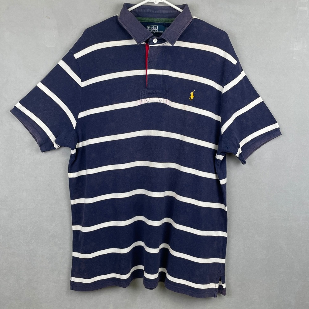 VTG 90s Polo Ralph Lauren XXL Blue Stripe Sunbleach Custom Fit Polo Shirt Cotton